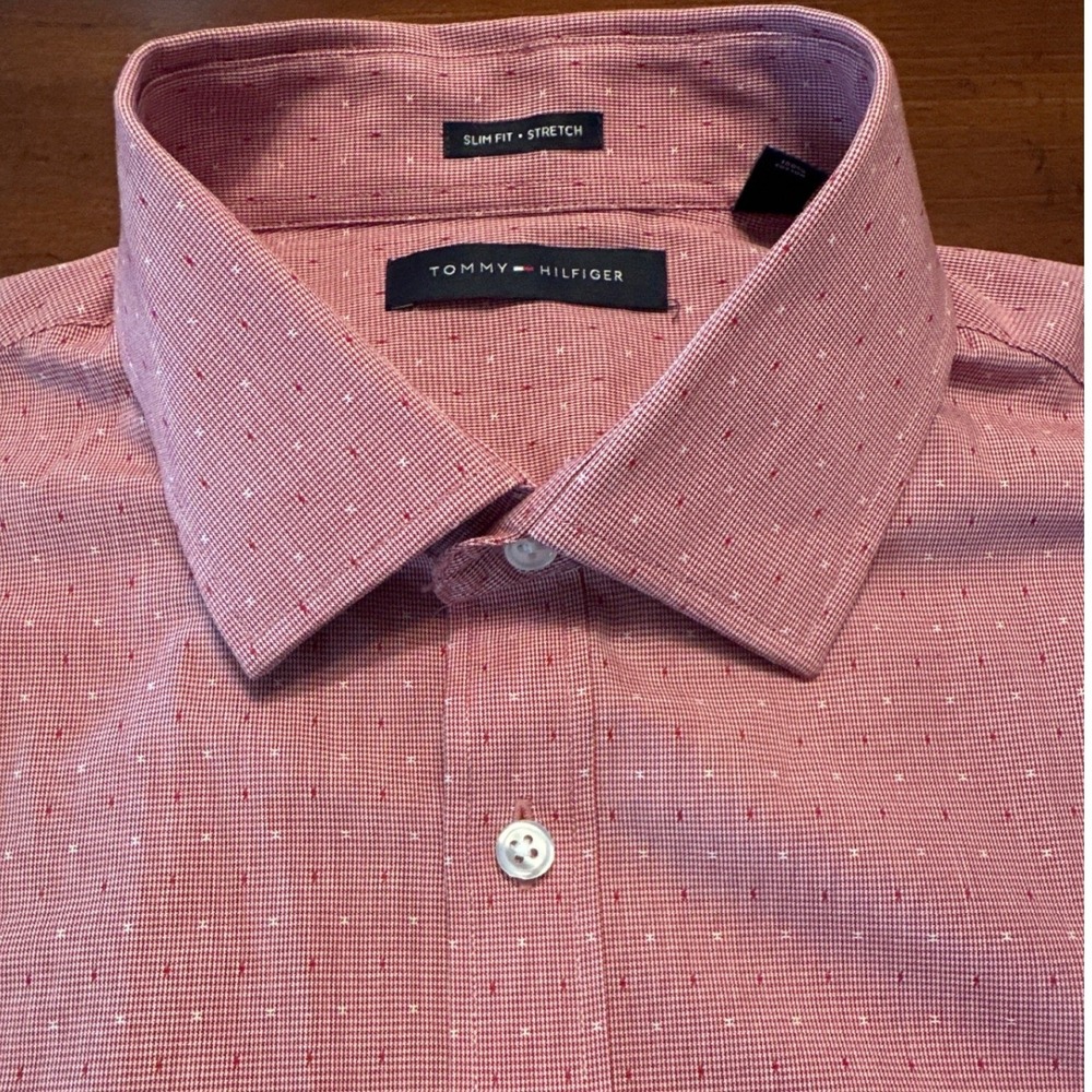 Tommy Hilfiger Dress Shirt Mens L Red Excellent Slim Fit Stretch Long Sleeve